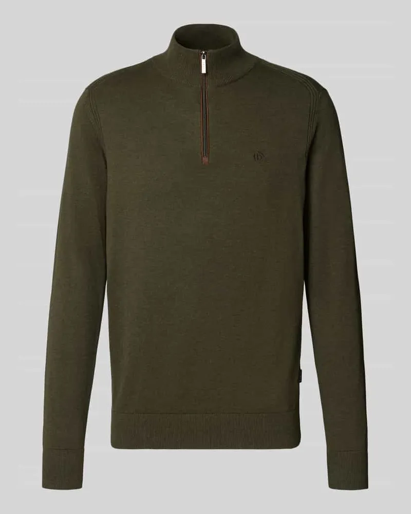 Bugatti Regular Fit Strickpullover aus reiner Baumwolle mit Troyer-Kragen Oliv