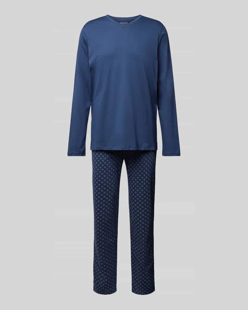 Schiesser Pyjama mit geripptem V-Ausschnitt Marine