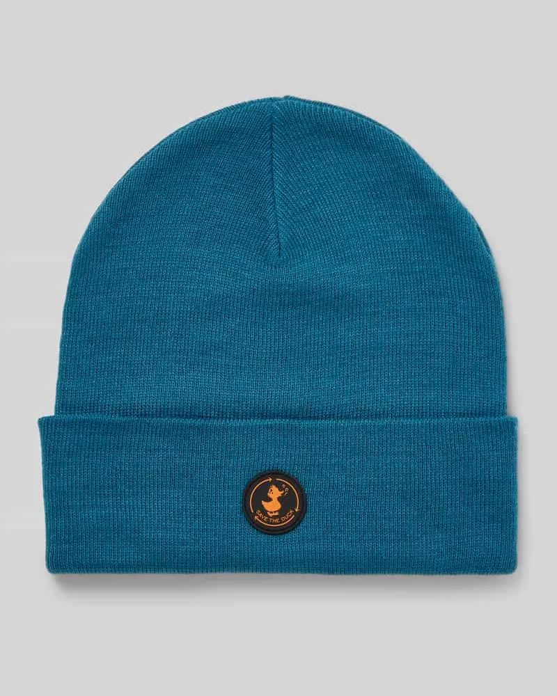 Save The Duck Mütze in Strick-Optik mit Logo-Applikation Modell 'Lou Jeansblau