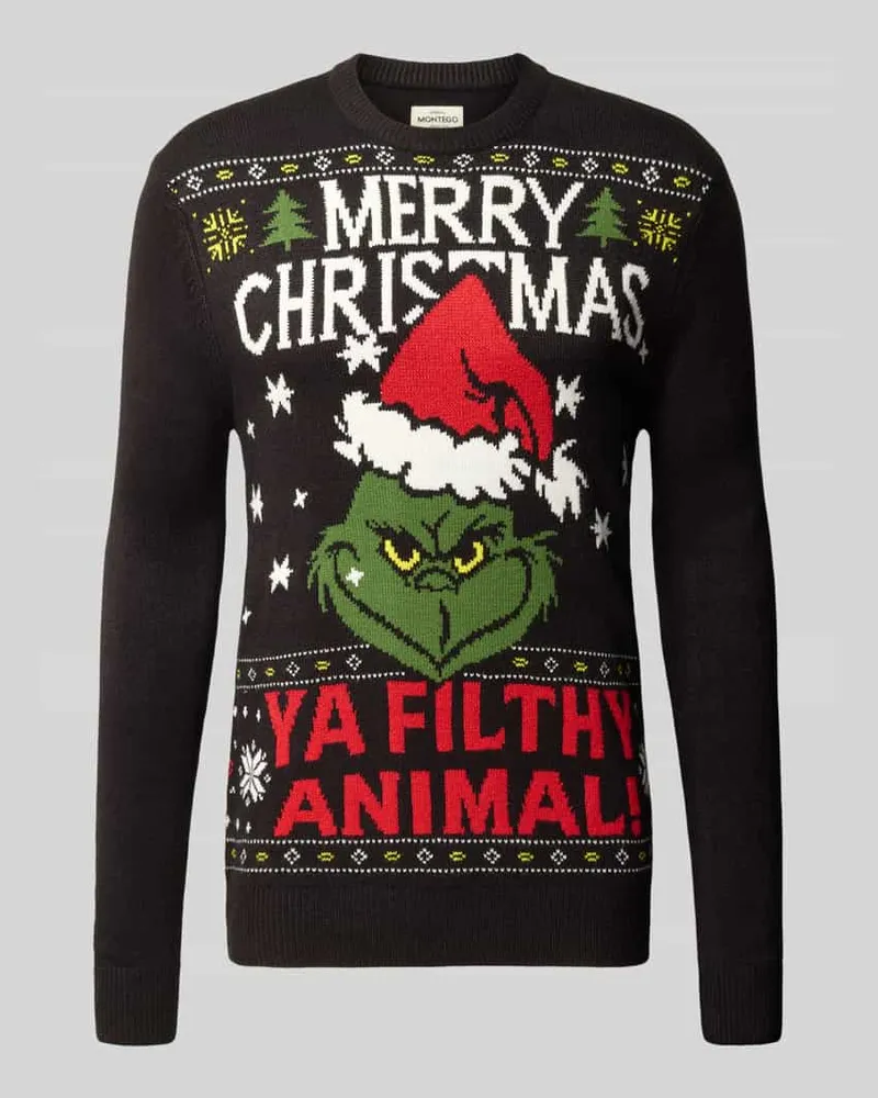 MONTEGO Regular Fit Strickpullover mit Motiv-Stitching Modell 'GRINCH Black