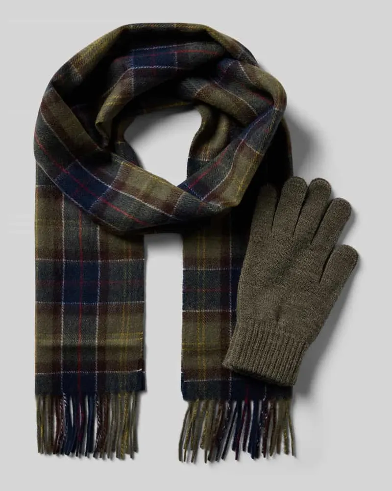 Barbour Handschuhe und Schal im Set aus Woll-Mix Oliv