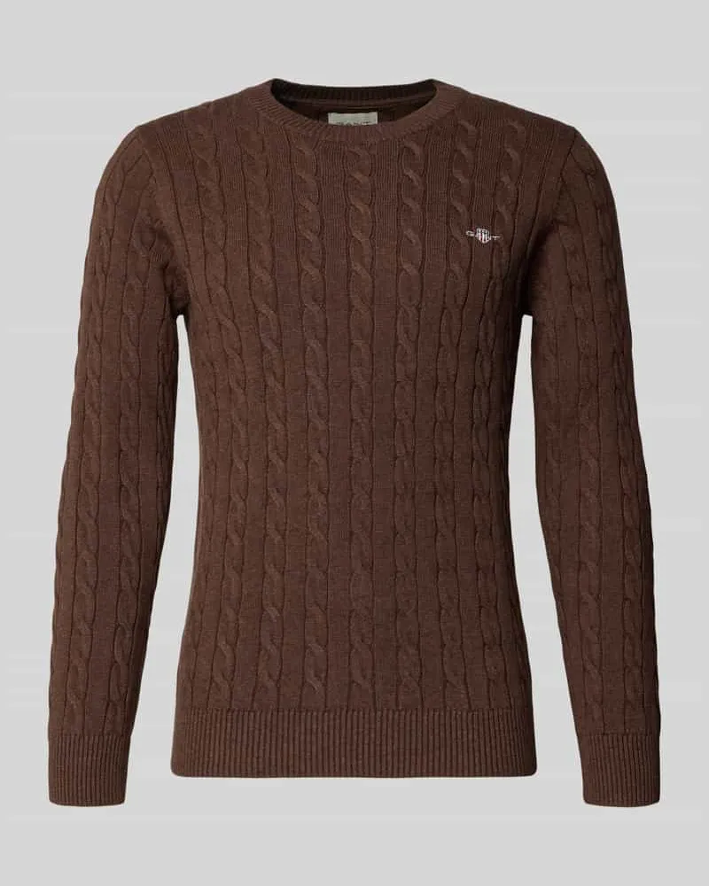 Gant Strickpullover mit Zopfmuster und Label-Stitching Schoko