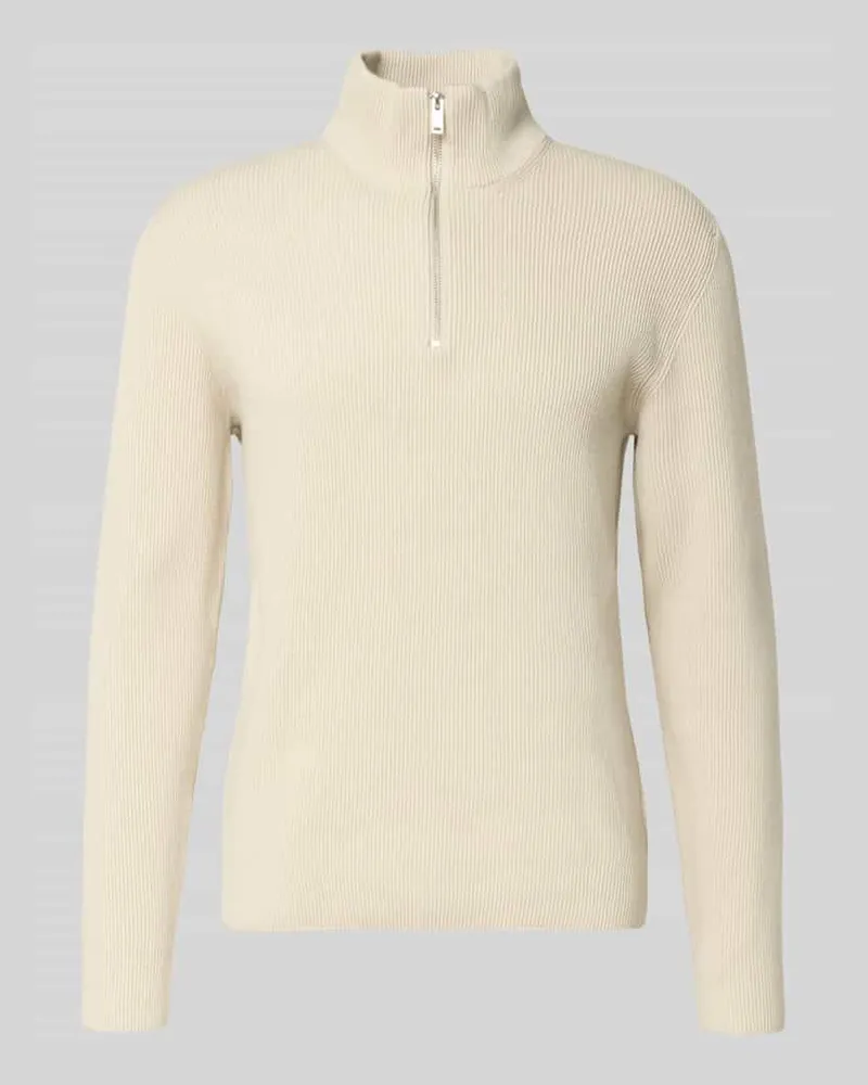 Lindbergh Strickpullover mit Stehkragen und Reißverschluss Beige