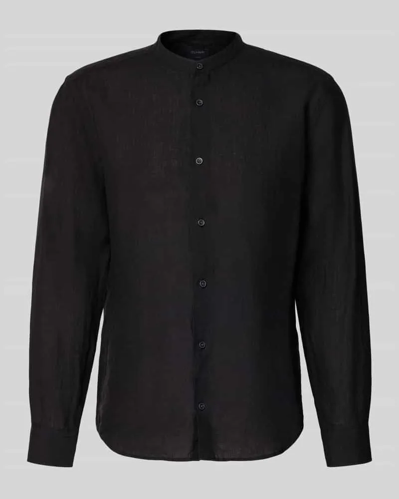 Olymp Slim Fit Leinenhemd aus reinen Leinen mit Stehkragen Black