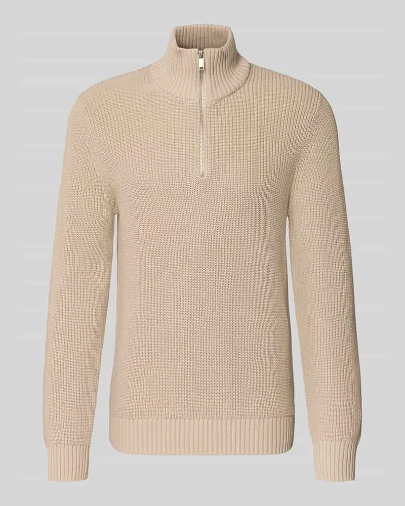 McNeal Slim Fit Strickpullover aus reiner Baumwolle mit Troyer-Kragen Beige
