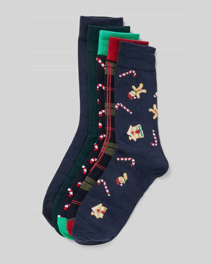 Jack & Jones Socken mit Label-Detail Modell 'XMAS CANDY' im 5er-Pack Dunkelgruen