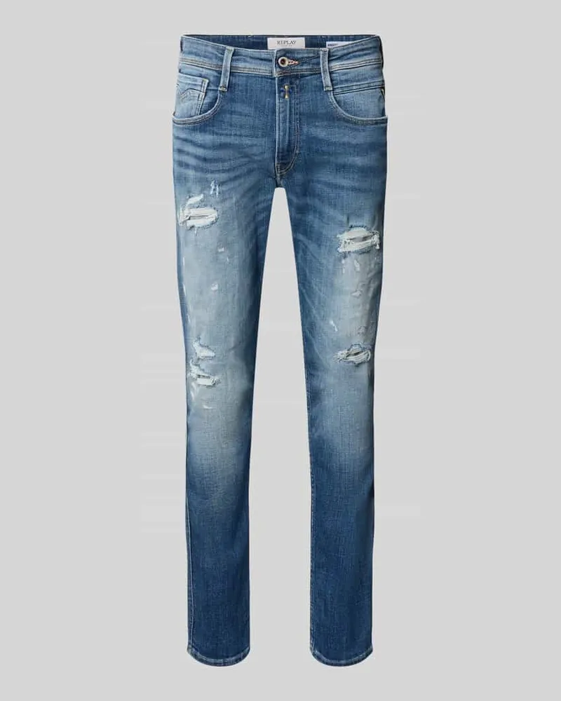 Replay Slim Fit Jeans im Used-Look Modell 'Anbass Dunkelblau