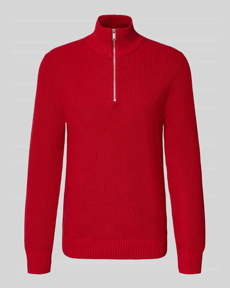 McNeal Slim Fit Strickpullover aus reiner Baumwolle mit Troyer-Kragen Rot