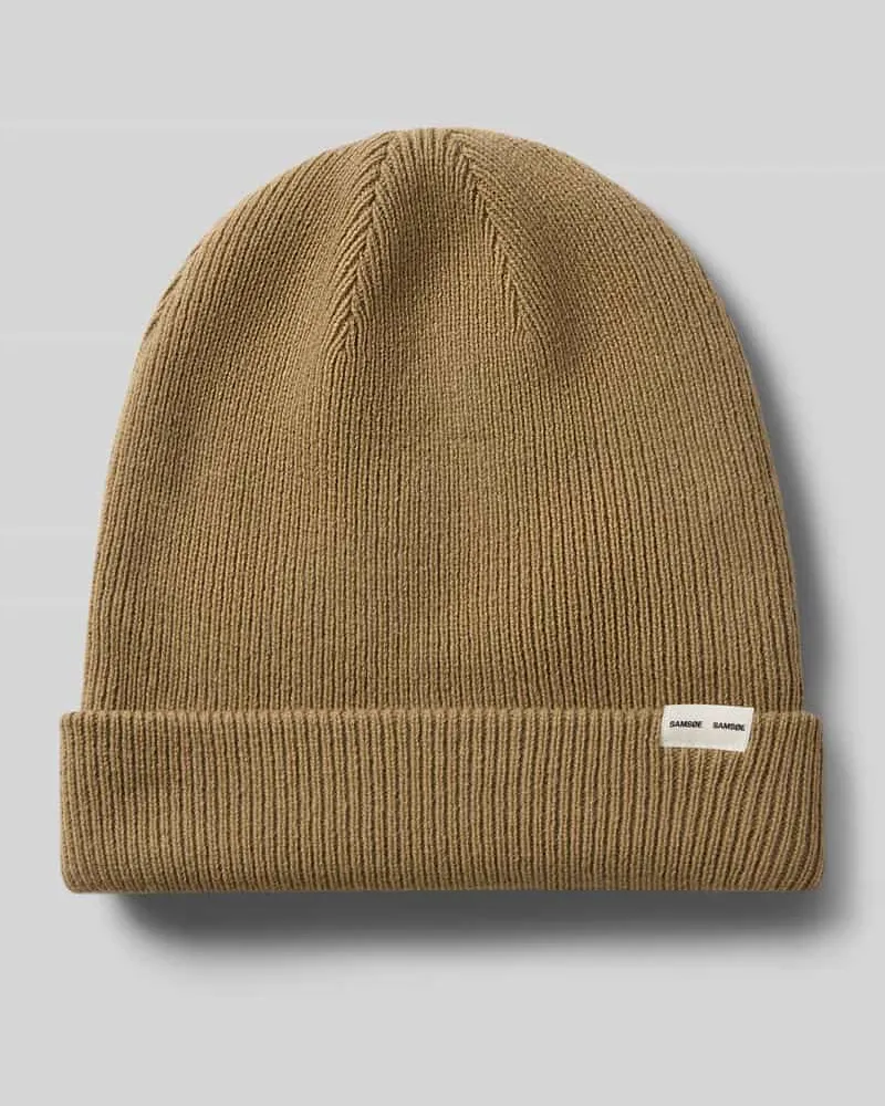 Samsøe & Samsøe Mütze aus Woll-Mix in Strick-Optik mit Label-Patch Beige