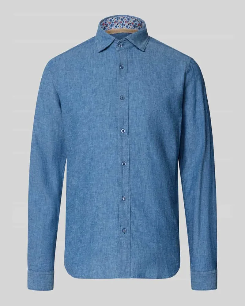 FIL NOIR Regular Fit Business-Hemd aus Leinen-Baumwoll-Mix Modell 'ROMA Jeansblau
