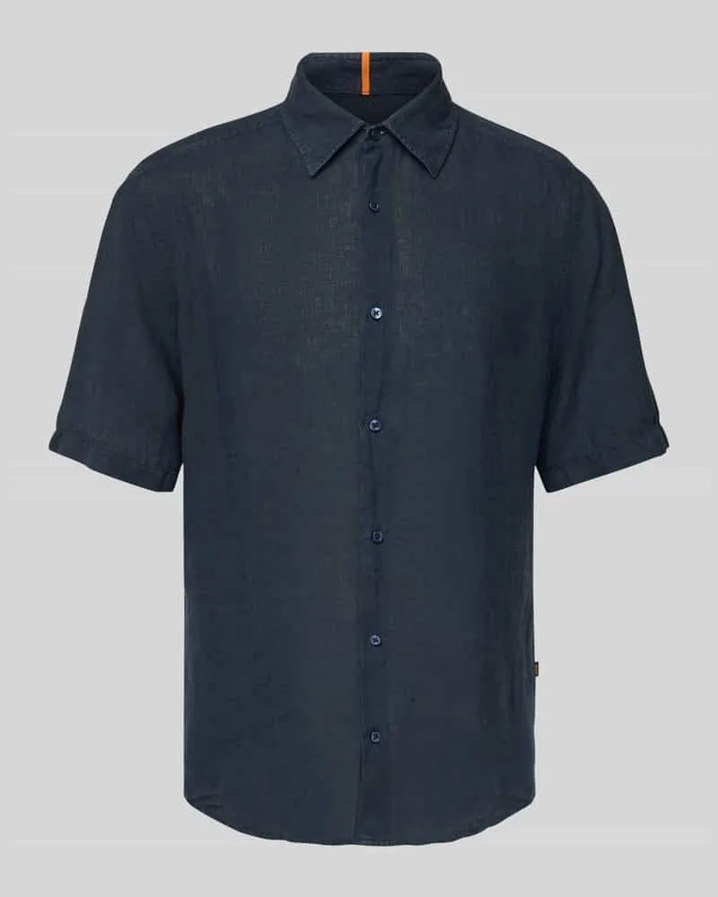 HUGO BOSS Regular Fit Leinenhemd mit 1/2-Arm Modell 'RASH Dunkelblau