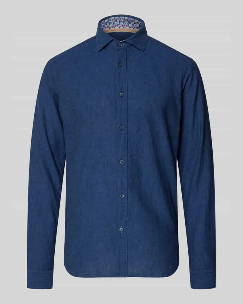 FIL NOIR Regular Fit Business-Hemd aus Leinen-Baumwoll-Mix Modell 'ROMA Marine
