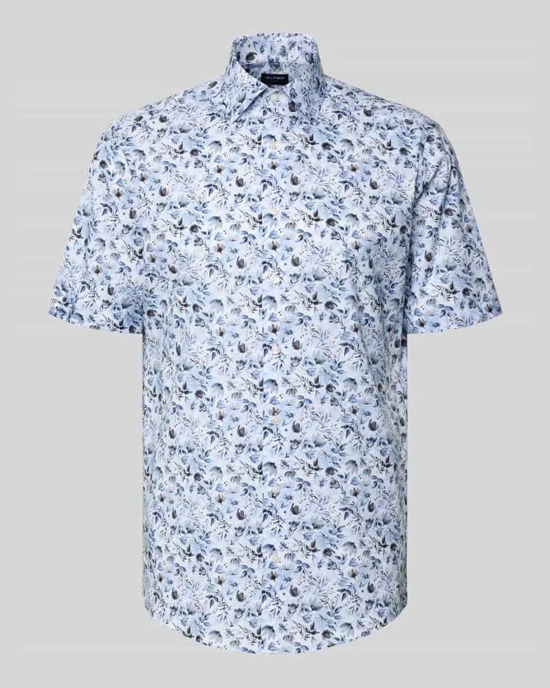 Olymp Regular Fit Business-Hemd mit floralem Muster und Kentkragen Bleu