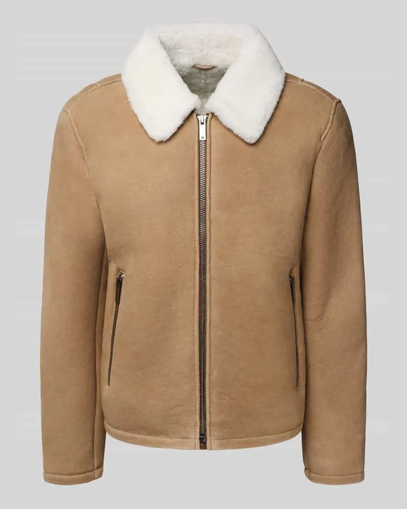 Strellson Regular Fit Lederjacke aus echtem Lammfell Modell 'MONTY Mittelbraun