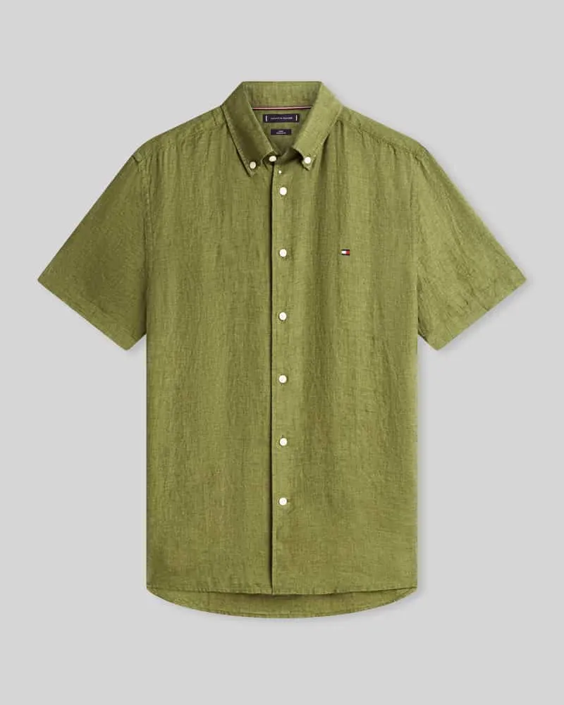 Tommy Hilfiger Regular Fit Kurzarmhemd aus reinem Leinen Oliv
