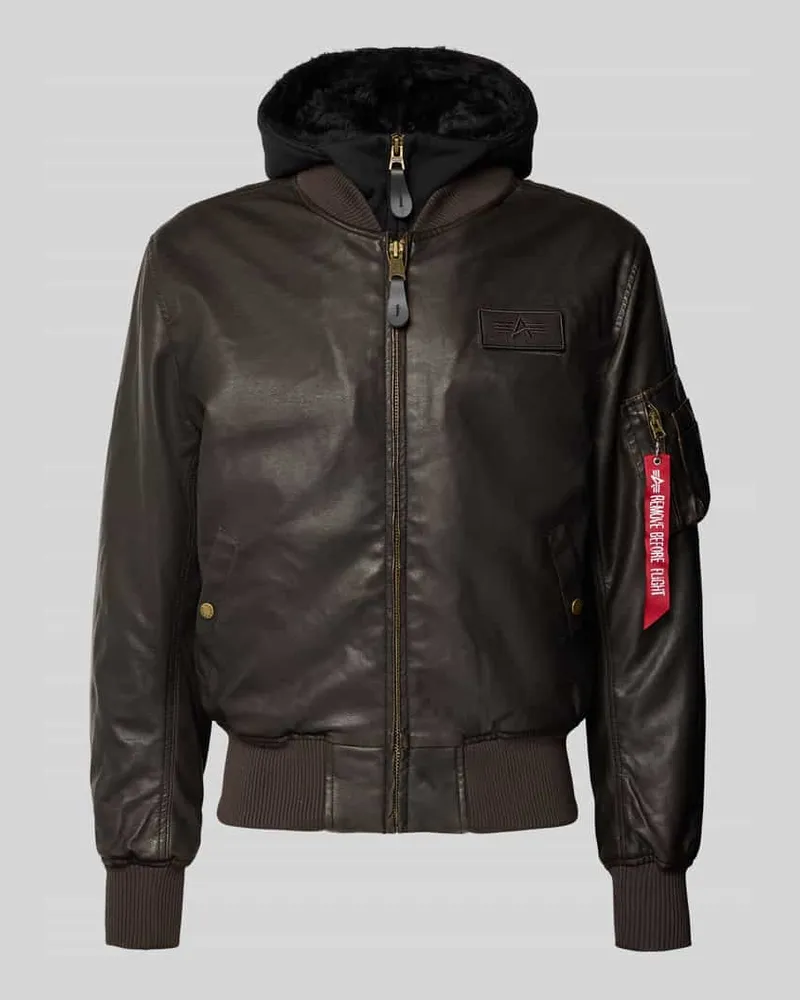 Alpha Industries Regular Fit Jacke in Leder-Optik mit Kapuze Dunkelbraun
