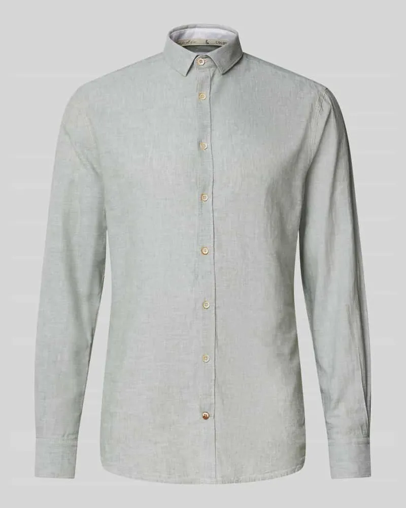 colours & sons Slim Fit Freizeithemd aus Baumwoll-Leinen-Mix Oliv