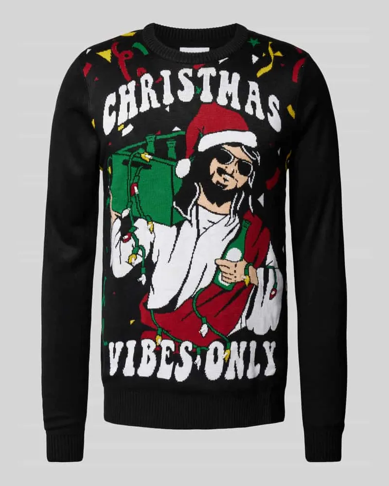 Lindbergh Weihnachtspullover mit Motiv-Stitching Black