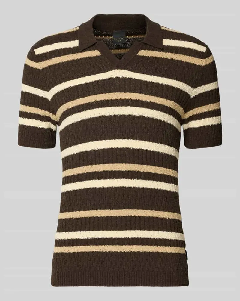 Bugatti Slim Fit Poloshirt mit V-Ausschnitt Dunkelbraun