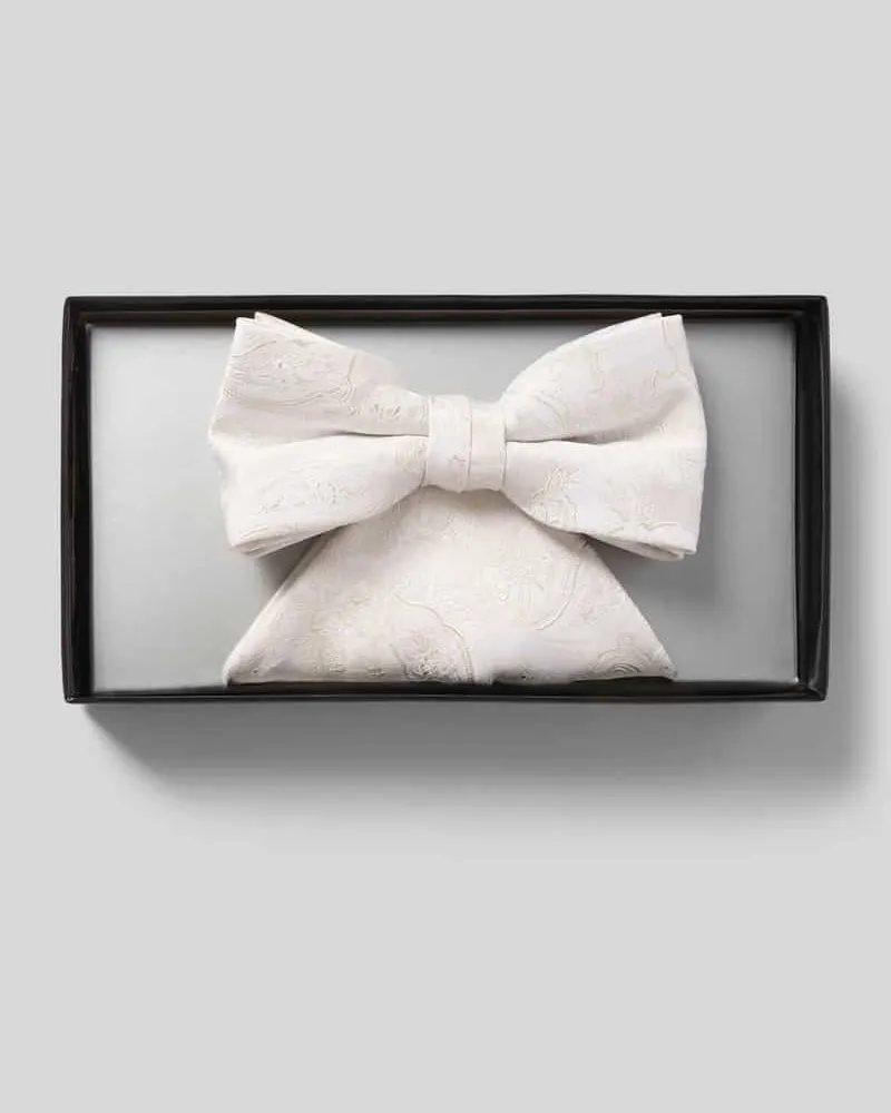 Wilvorst Fliege und Einstecktuch mit floralem Allover-Stitching Ecru