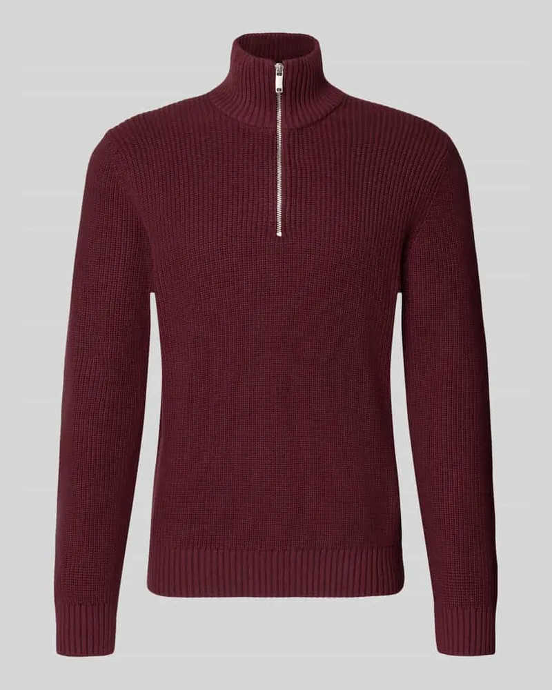 McNeal Slim Fit Strickpullover aus reiner Baumwolle mit Troyer-Kragen Dunkelrot