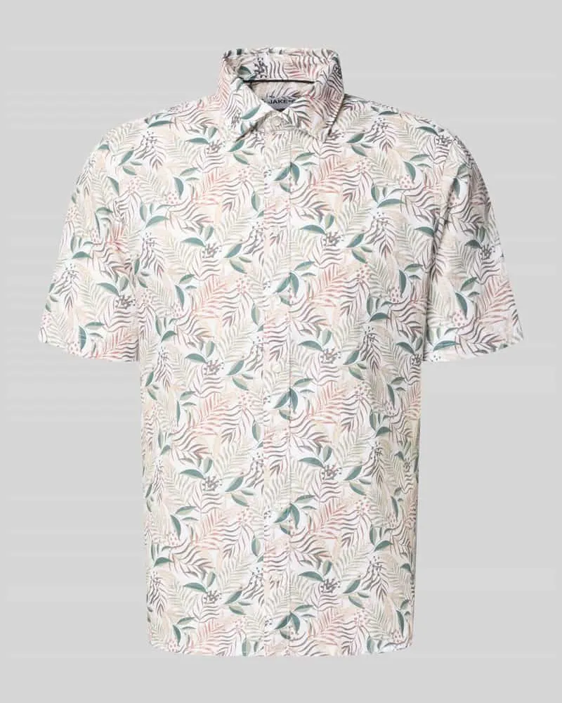 JAKE*S Slim Fit Business Hemd aus Leinen-Misch mit Kentkragen Dunkelgruen