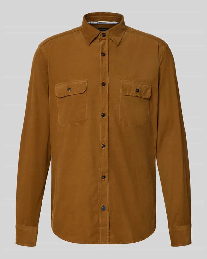 Olymp Regular Fit Cordhemd mit Kentkragen Cognac