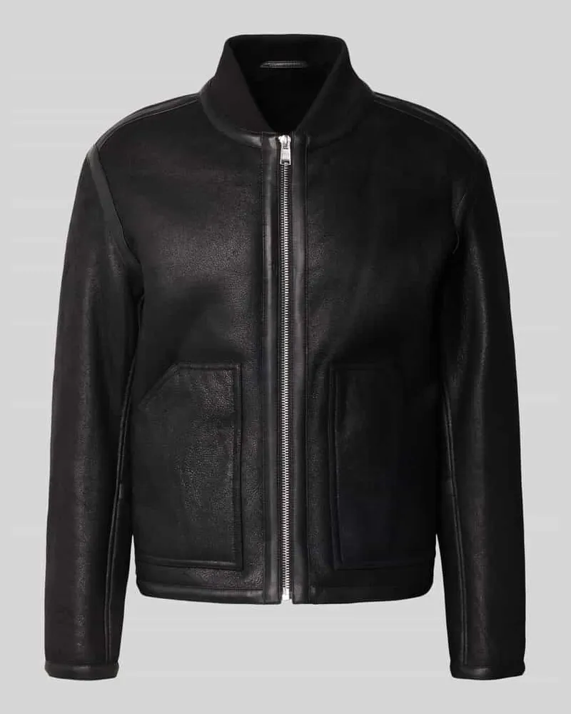 HUGO BOSS Regular Fit Lederjacke mit College-Kragen Modell 'MAFERO Black