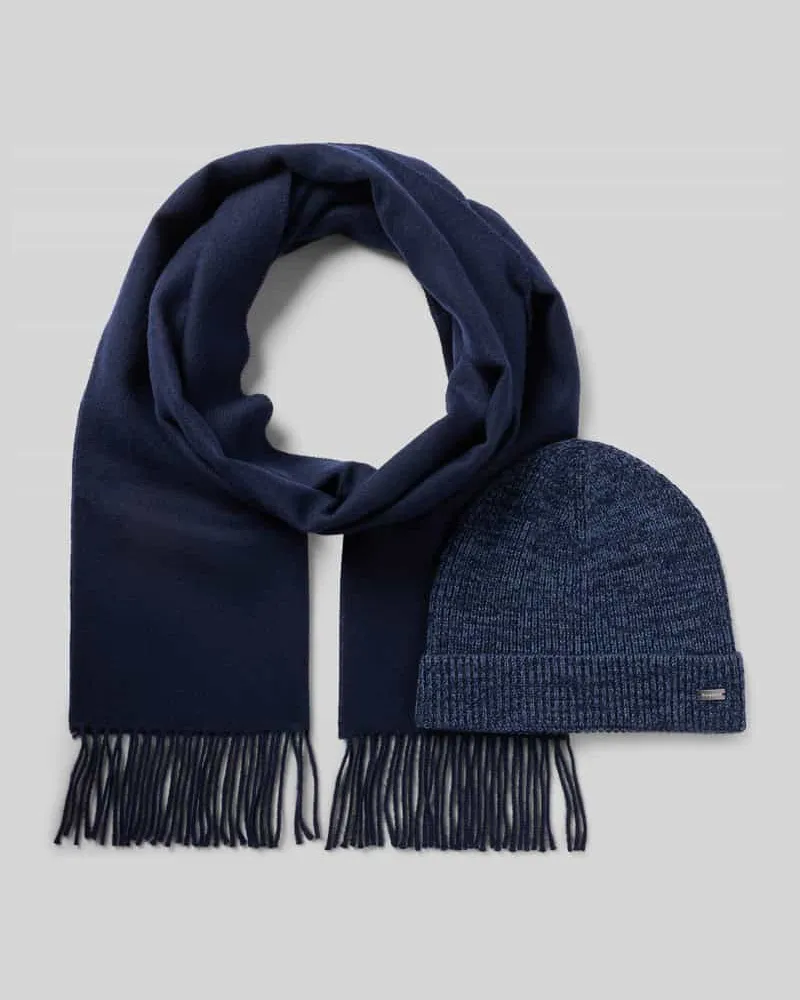 Bugatti Wollschal und Beanie im Set aus reiner Schurwolle Marine