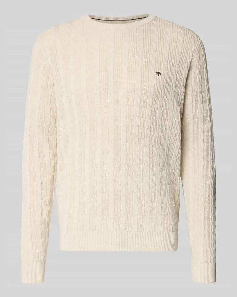 Fynch-Hatton Strickpullover mit Zopfmuster und Label-Stitching Offwhite