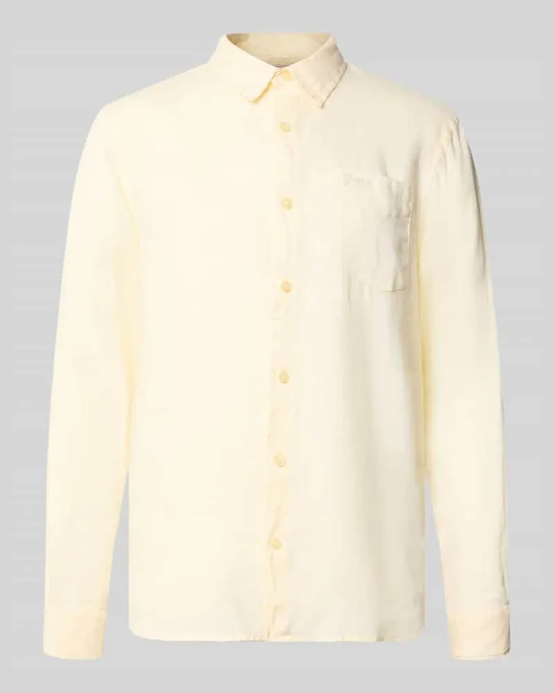 Guess Regular Fit Leinenhemd mit Kentkragen und Brusttasche Hellgelb