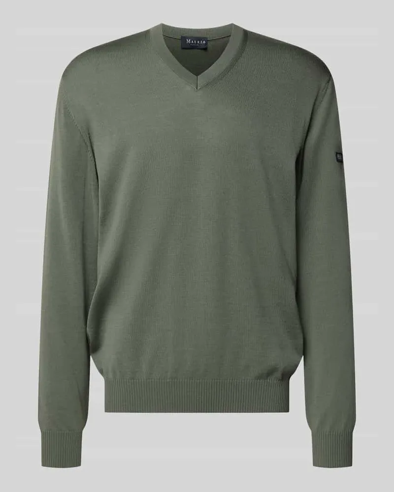 Maerz Strickpullover aus Schurwolle mit V-Ausschnitt Oliv