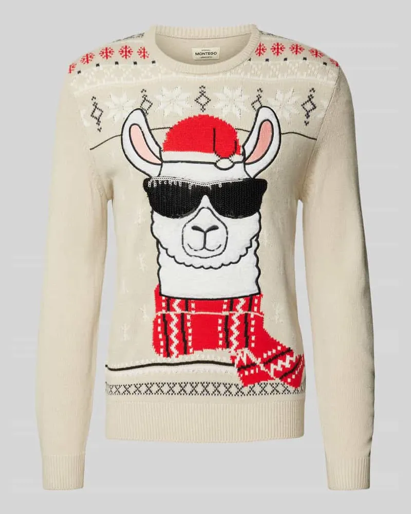 MONTEGO Weihnachtspullover mit Paillettenbesatz Stein