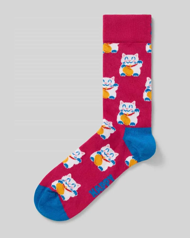 Happy Socks Socken im Allover-Look Modell 'Lucky Neko Pink