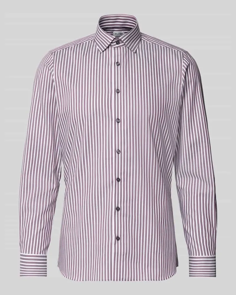 Olymp Slim Fit Businesshemd aus Baumwoll-Mix mit Haifischkragen Aubergine