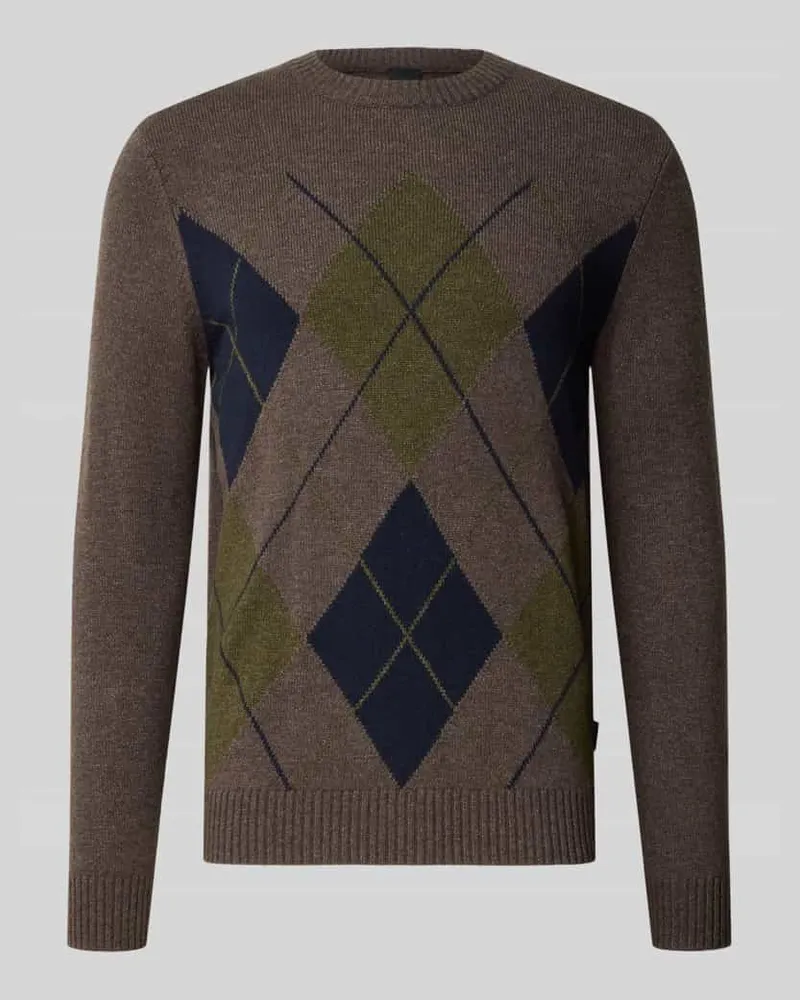 Bugatti Regular Fit Strickpullover aus Woll-Mix mit Karo-Muster Mittelbraun