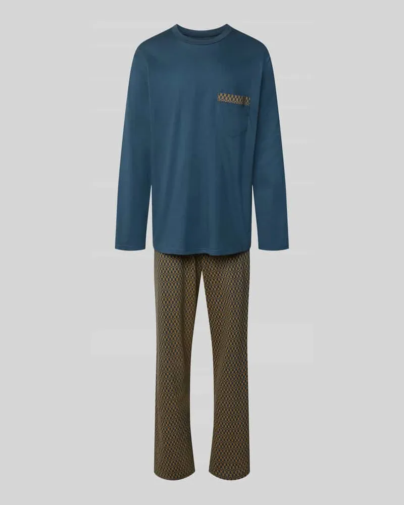 Schiesser Regular Fit Pyjama-Set aus reiner Baumwolle Blau