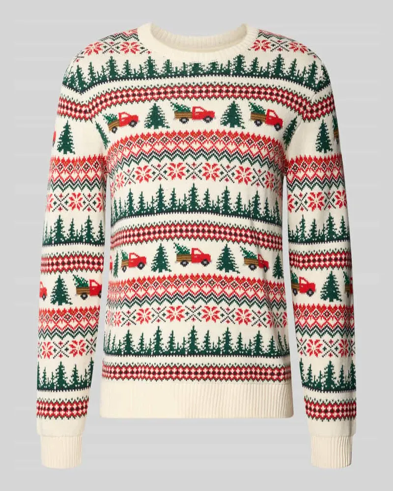 Lindbergh Weihnachtspullover mit Winterdorf-Motiv Offwhite