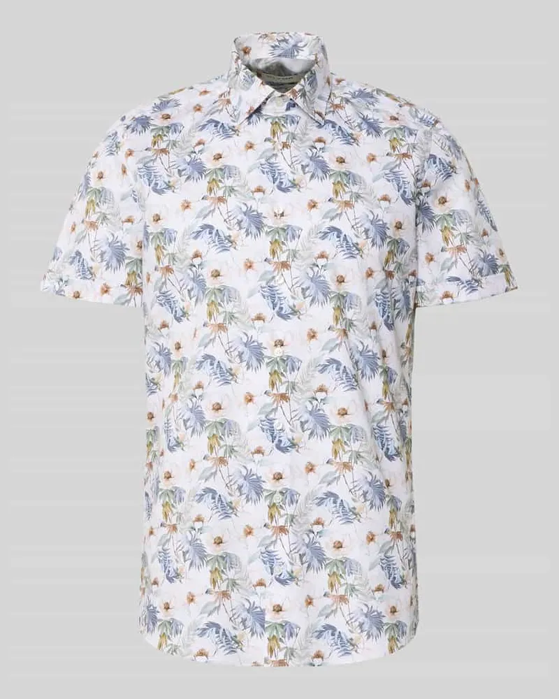 Olymp Slim Fit Business-Hemd mit Kentkragen und floralem Print Weiss