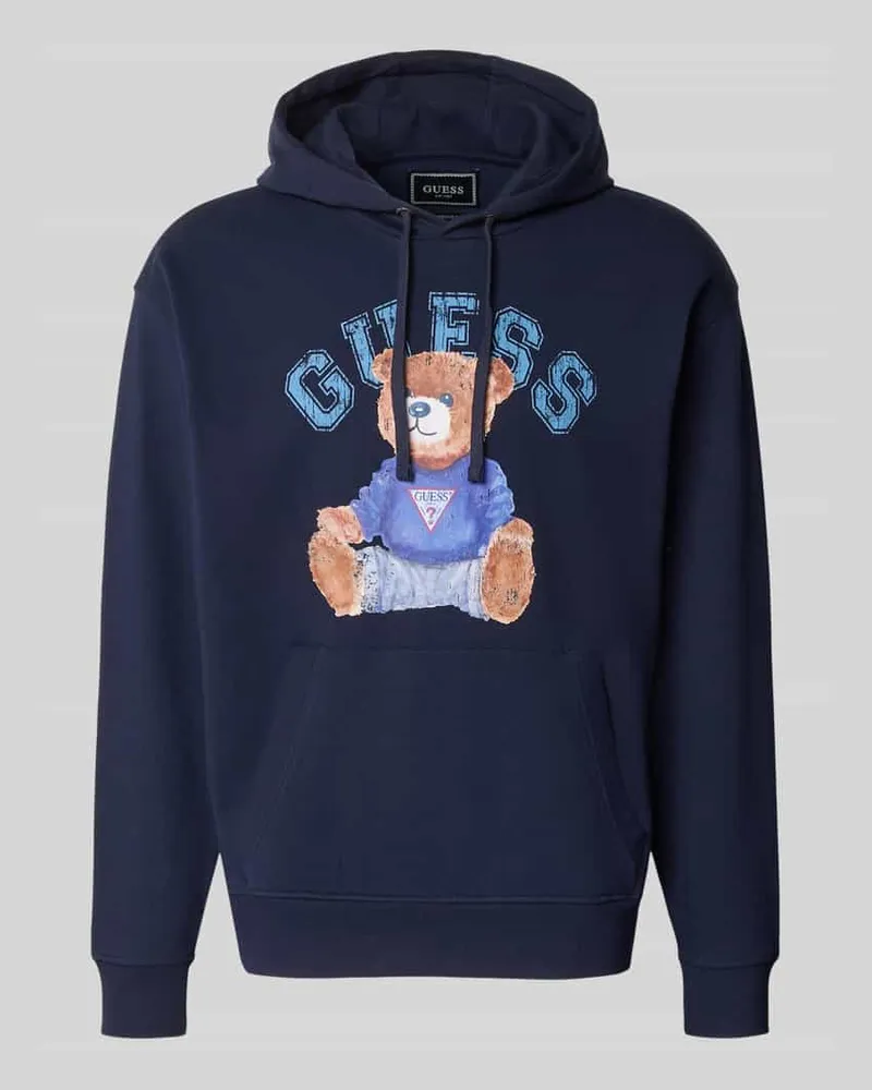 Guess Hoodie mit Label-Print und Känguru-Tasche Marine