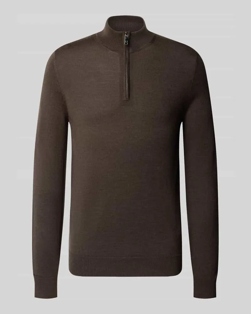 Christian Berg Slim Fit Strickpullover aus Woll-Mix mit Troyer-Kragen Dunkelbraun