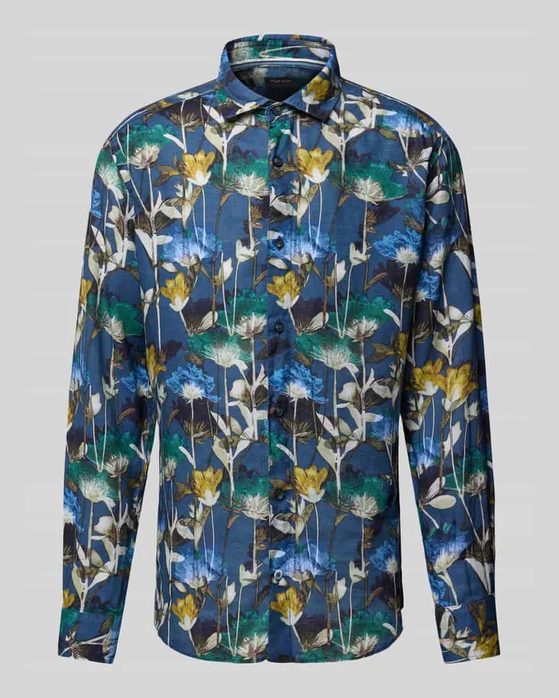 Olymp Regular Fit Leinenhemd im Allover-Look Marine