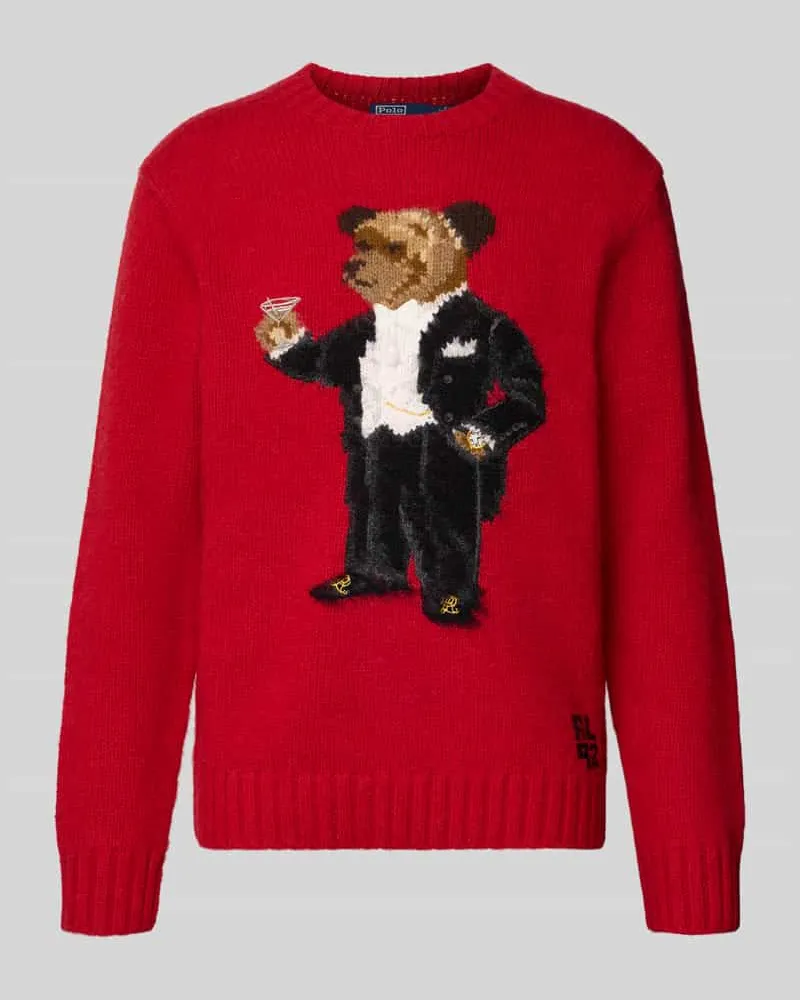 Ralph Lauren Regular Fit Pullover aus reiner Wolle mit Polo-Bear-Intarsie Rot