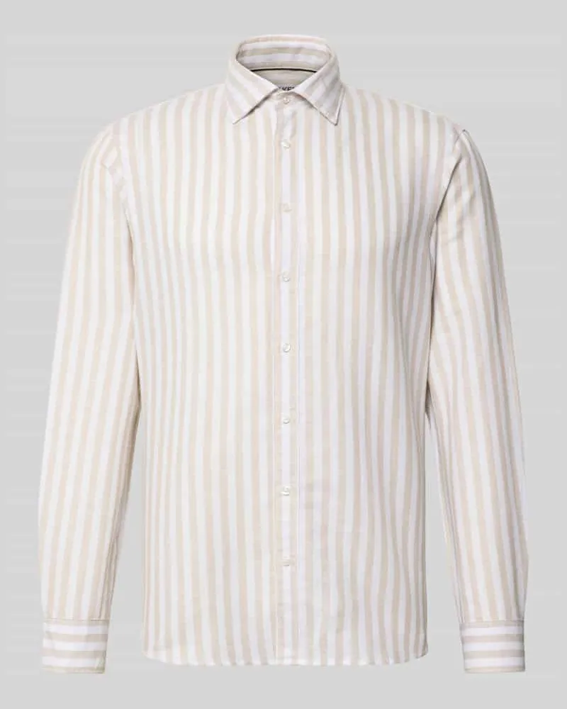 JAKE*S Slim Fit Business-Hemd aus Leinen-Mix mit Kentkragen Beige