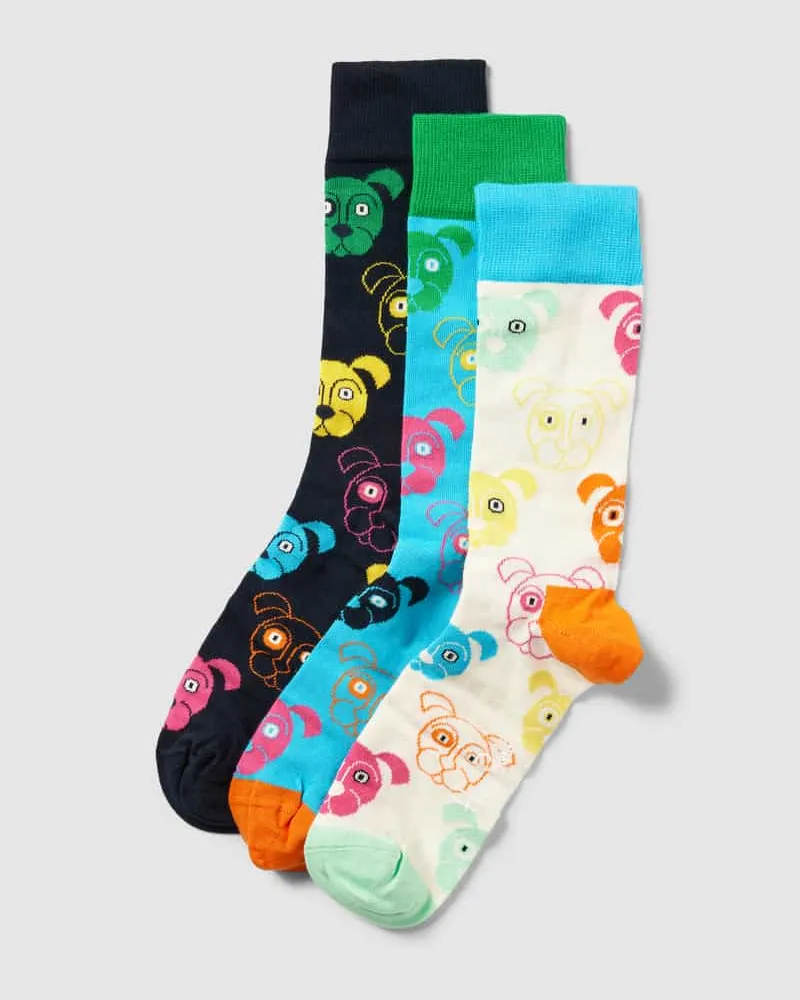 Happy Socks Socken mit Allover-Motiv-Print Modell 'Mixed Dog' im 3er-Pack Dunkelblau