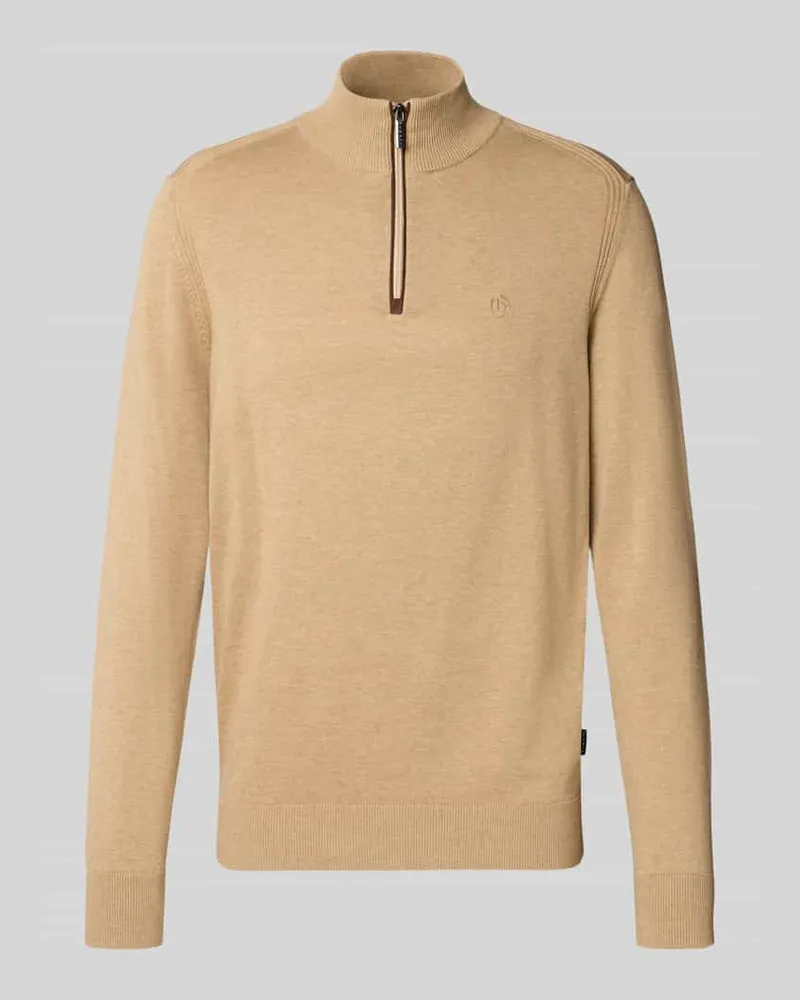 Bugatti Regular Fit Strickpullover aus reiner Baumwolle mit Troyer-Kragen Beige