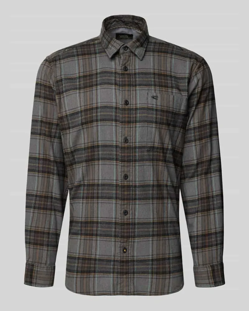 Camel Active Regular Fit Freizeithemd aus Flanell mit Label-Stitching Dunkelbraun