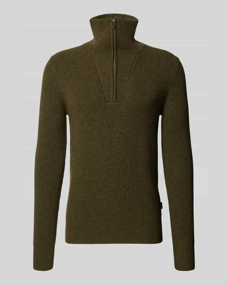 Bugatti Strickpullover aus Woll-Mix mit Troyer-Kragen Oliv