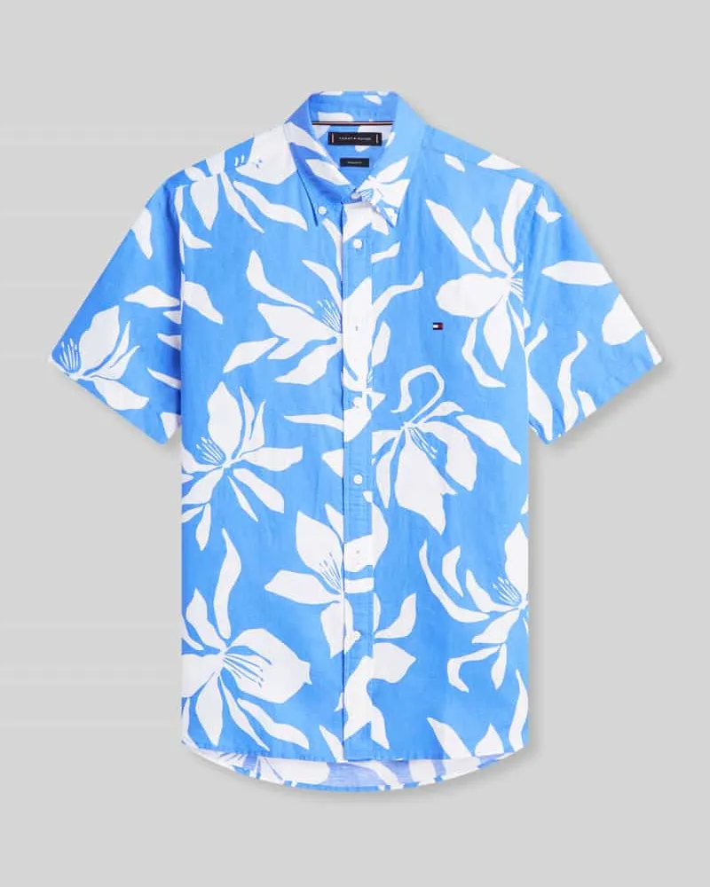 Tommy Hilfiger Regular Fit Kurzarmhemd aus Leinen-Mix Hellblau