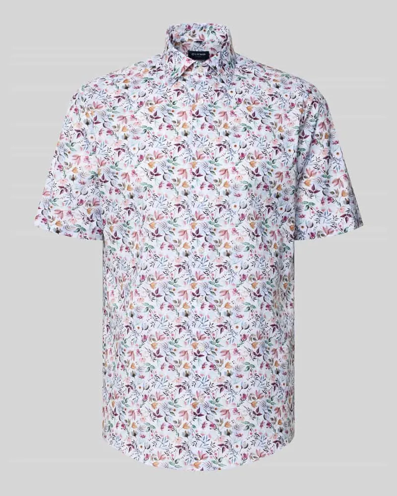 Olymp Regular Fit Business-Hemd mit floralem Muster und Kentkragen Weiss